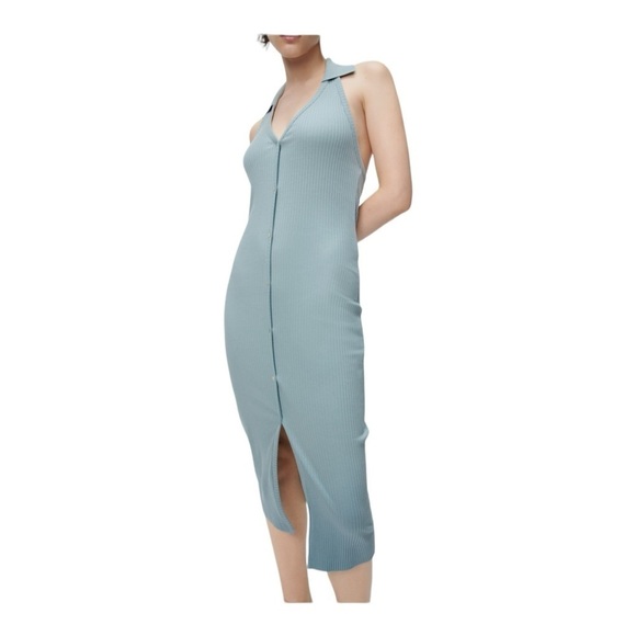 ZARA Light Blue Ribbed Halter Neck Button Front Bodycon Midi Dress Medium NWT - Picture 5 of 11